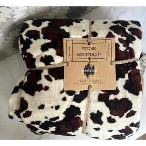 Stone Mountain Wanderlust Cow Print Plush Blanket Full/Queen Brown White 90x90